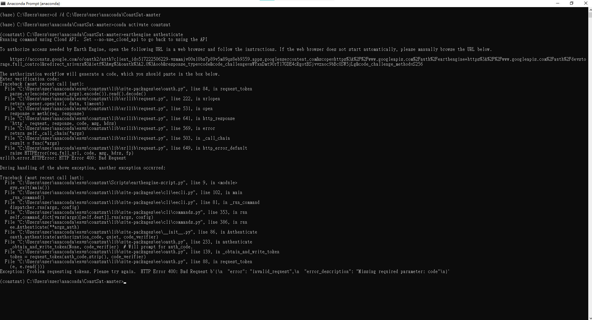 Earthengine authenticate - Error 400 · Issue #293 · kvos