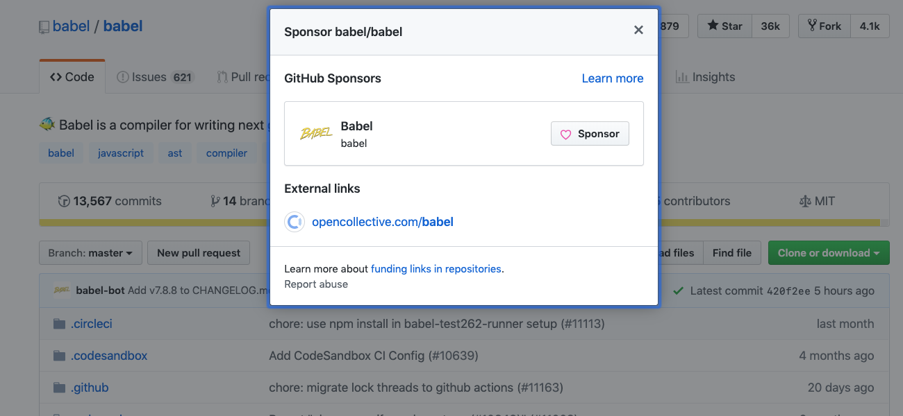 The sponsor modal shows external funding sources if listed.