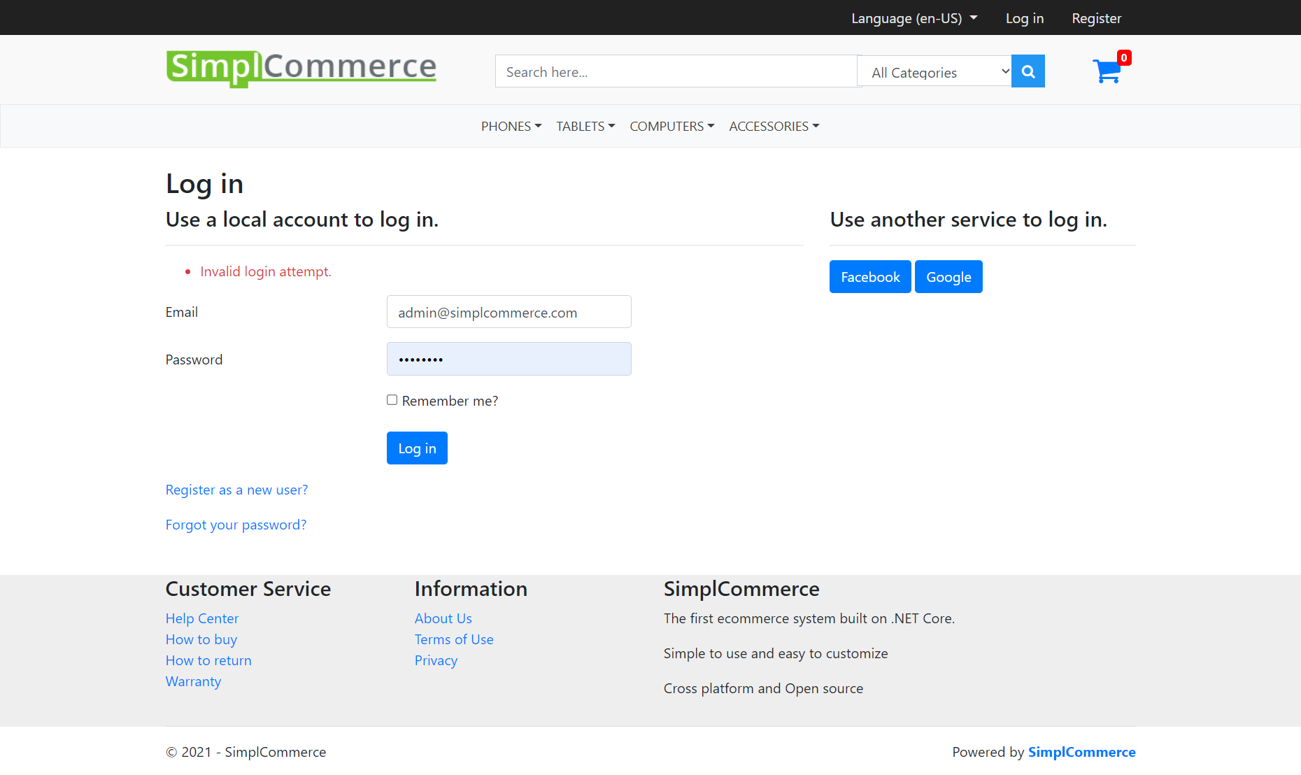 Invalid login attemp when login as admin · Issue #991 · simplcommerce ...