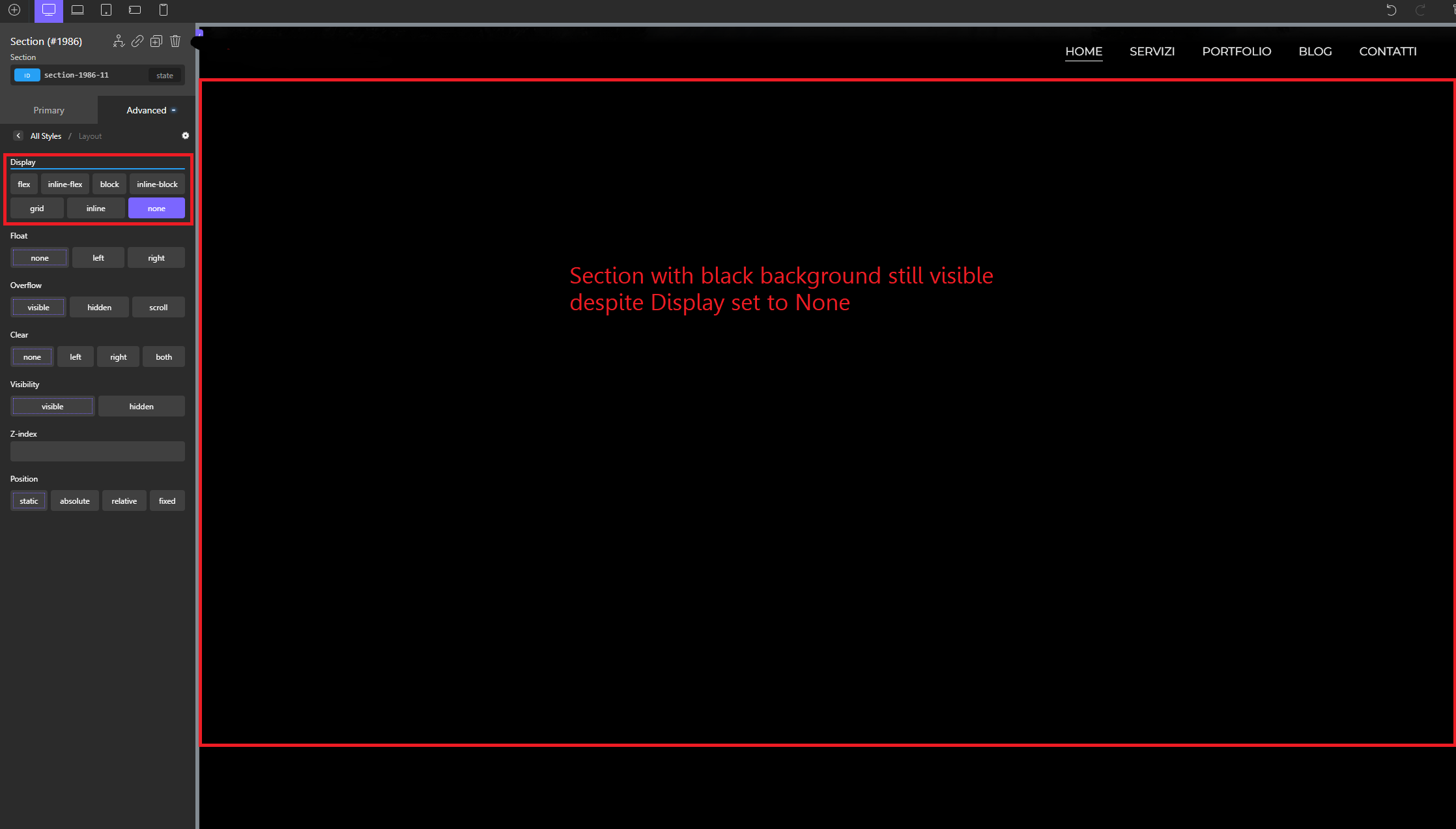 Layout>DisplayNone not working when Section height is set to value · Issue 3076 · soflyy