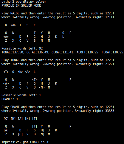 Pyordle in solver mode on Linux