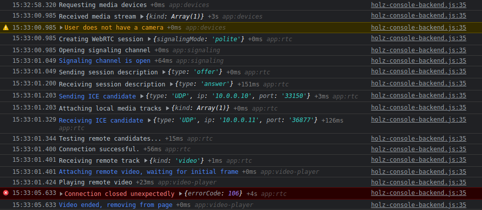 Screenshot of logs printed to the browser console
