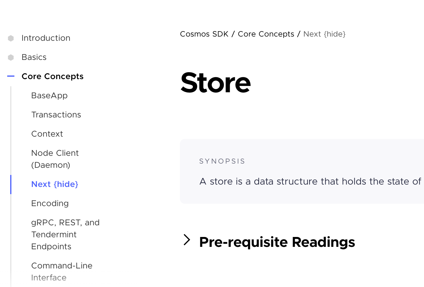 docs bug: {hide} tag shows on master for Cosmos SDK > Core Concepts ...