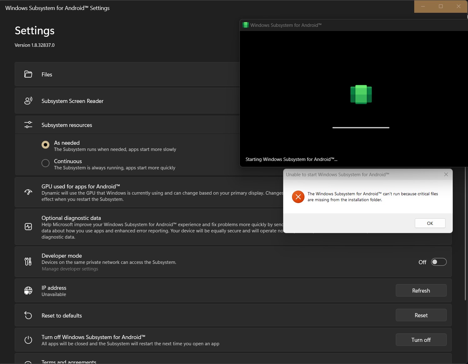 The windows subsystem for android can't run because critical files are ...