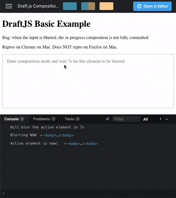draft-js chrome macos - draft editor blurred by tab key