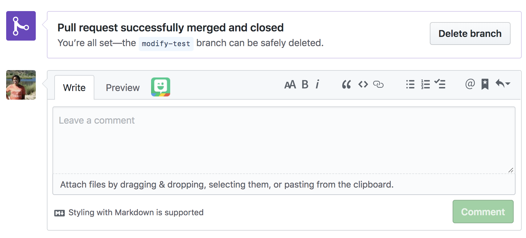 After pull request is merged only comment option should be available
