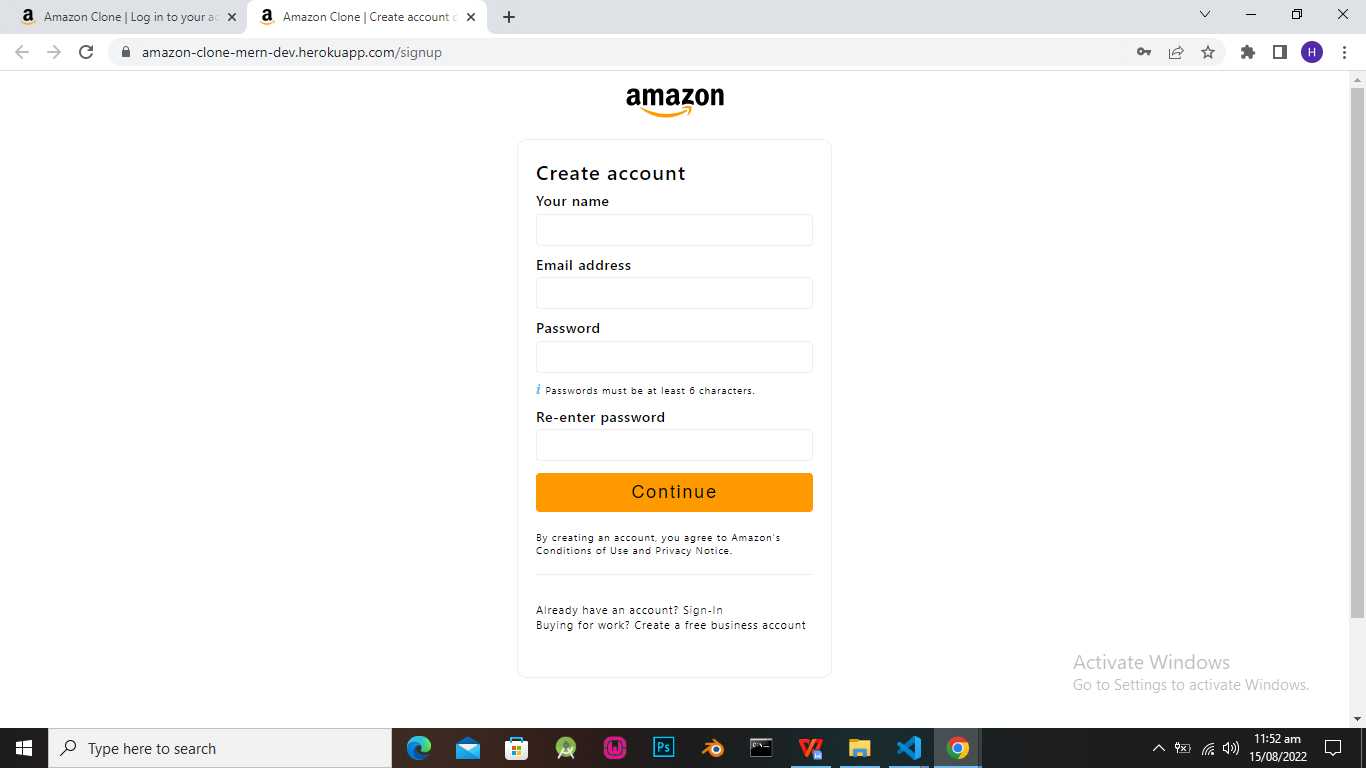 Signup page