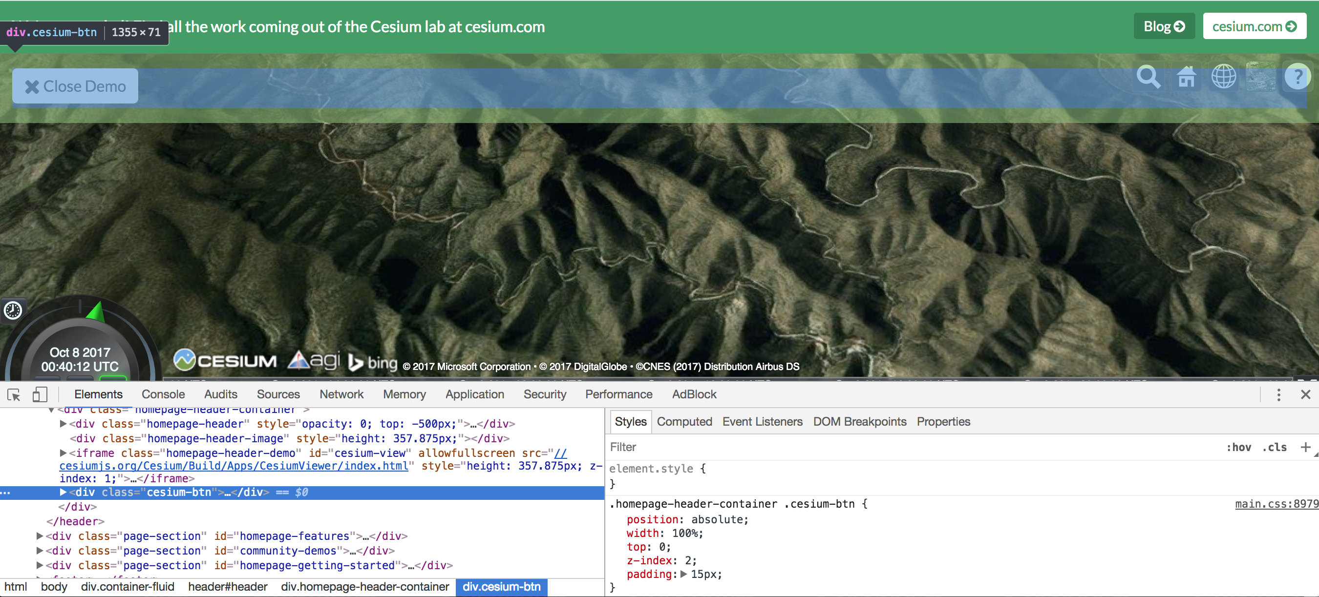 Cesium controls on Cesium homepage demo are covered by close button ...
