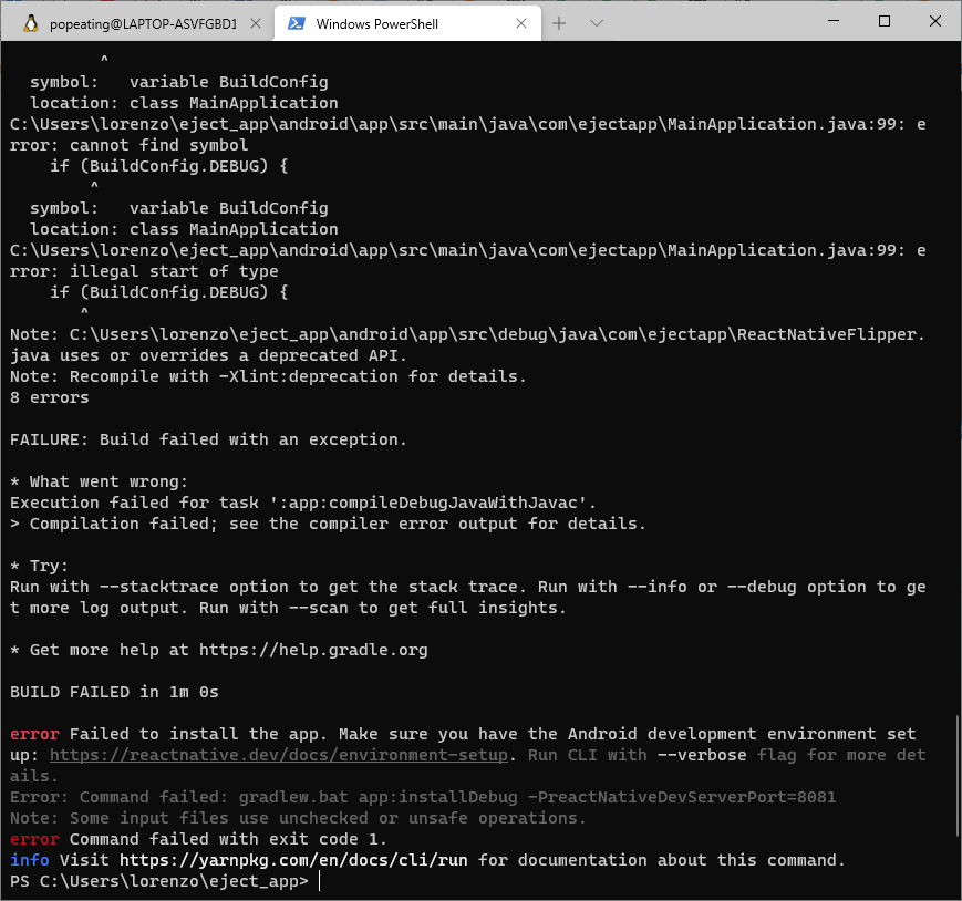 Ejecting to bare workflow in Windows 10 issues with package name/path ...