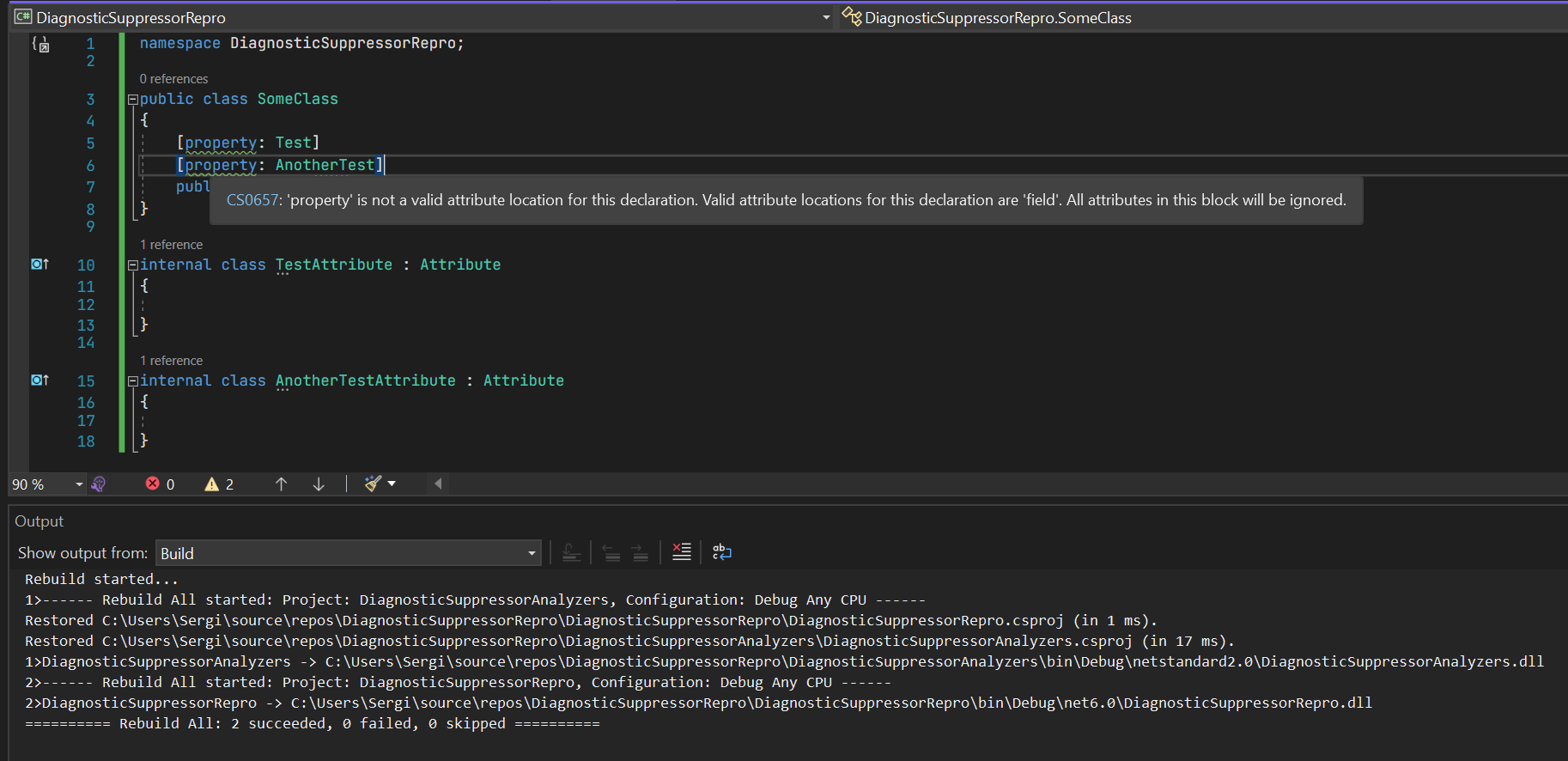 CS0657 diagnostic suppressor is not reflected in IDE/errors (but it is ...