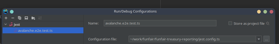 WebStorm run configuration with the jest config file path set