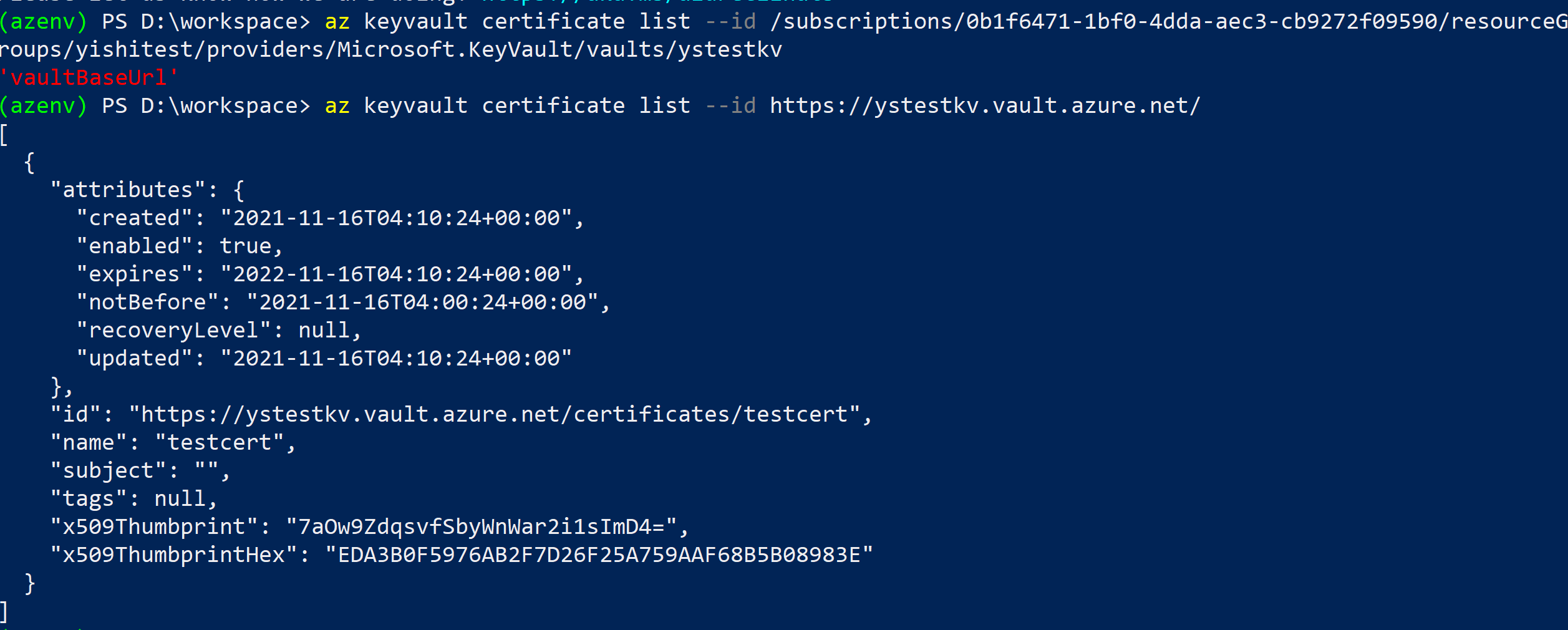 Az Keyvault Certificate List