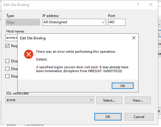 Ebay Kleinanzeigen Current Session Has Been Terminated Installing cert on IIS -> getting error: A specified logon session does