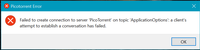 Failed to create connection to server 'PicoTorrent' on topic ...