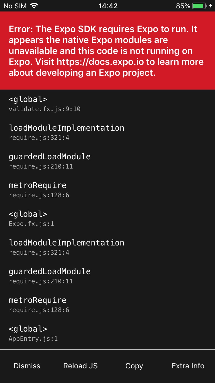 [ExpoKit 36] The Expo SDK requires Expo to run. It appears the native ...
