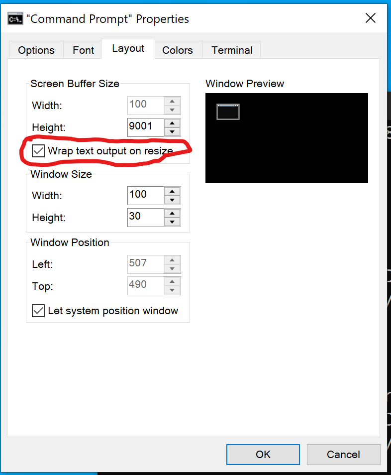 MSWin Cmd Prompt buffer restore on vim exit misses eol chars. Resize