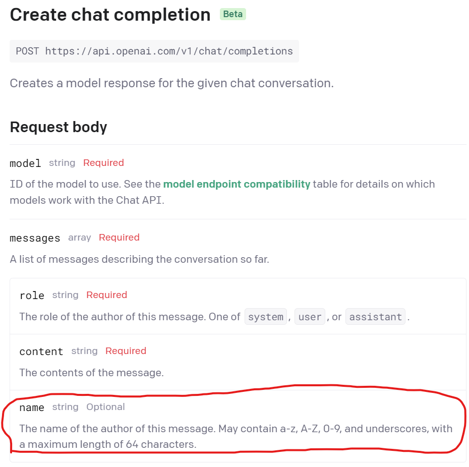 Add "name" parameter in Request body under messages for chat