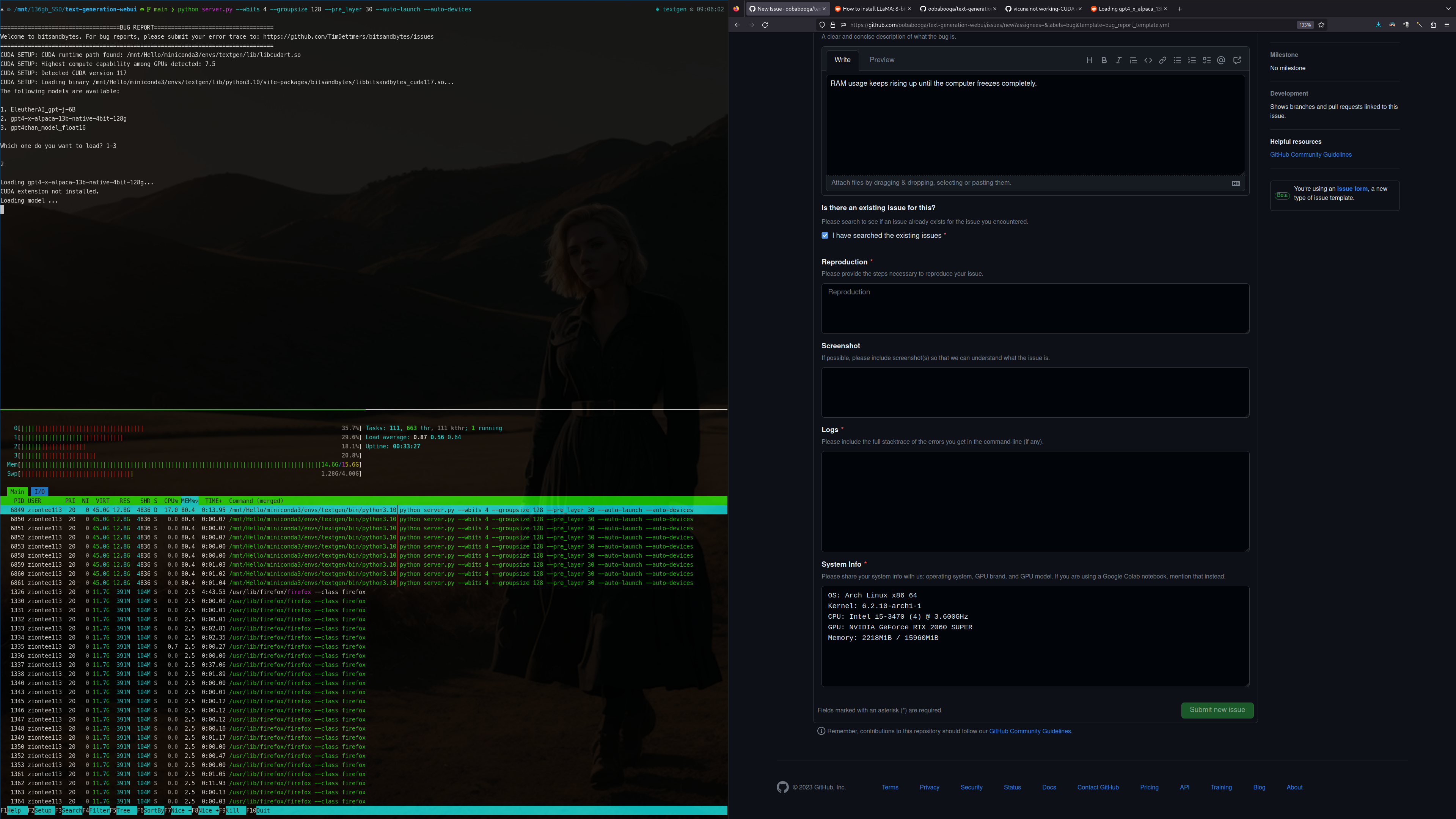 RAM fills up and computer freezes on Linux · Issue 945 · oobabooga/textgenerationwebui · GitHub