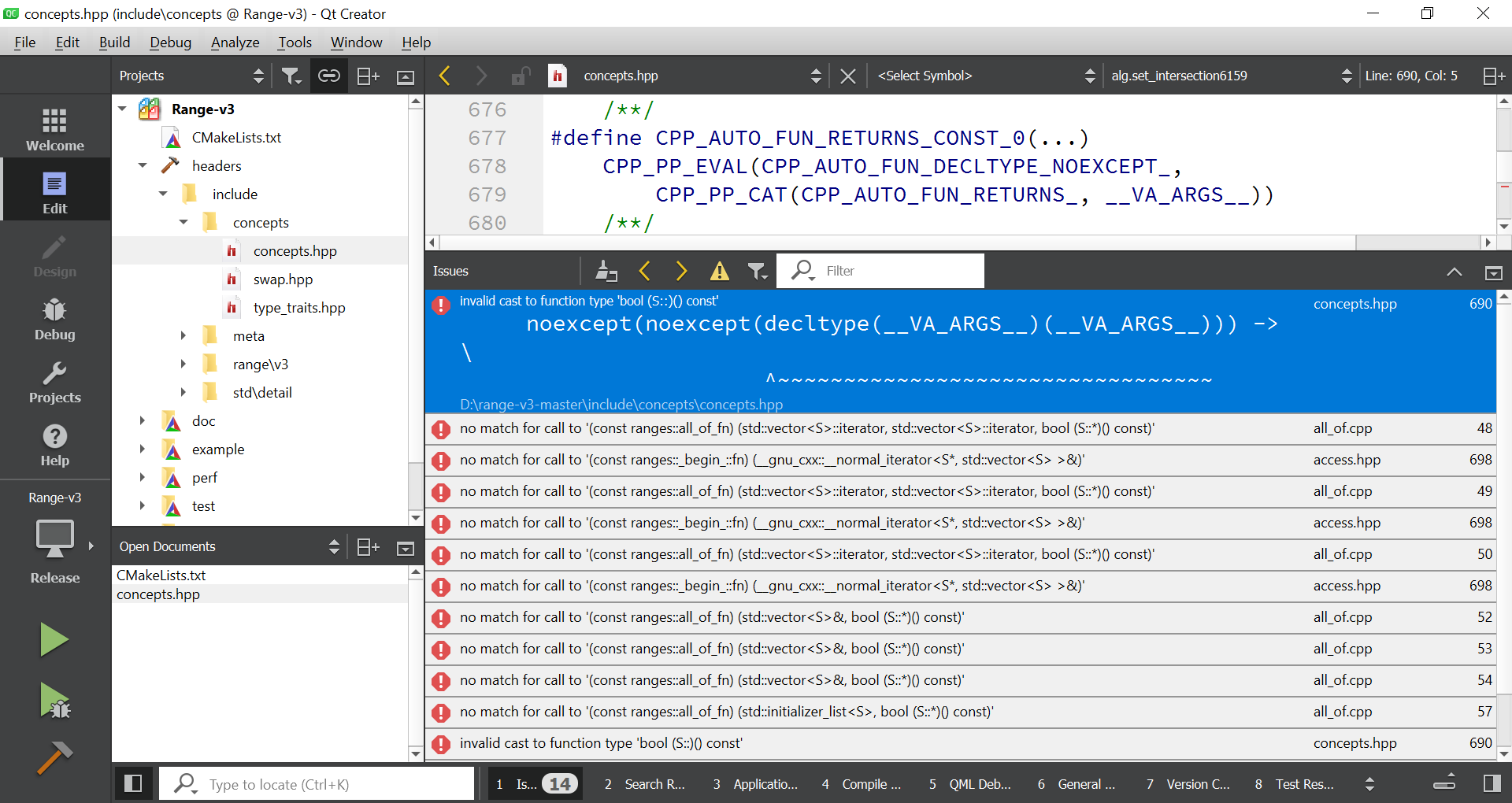 Unable to compile rangev3 with Qt 5.13.1 using CMake · Issue 1347