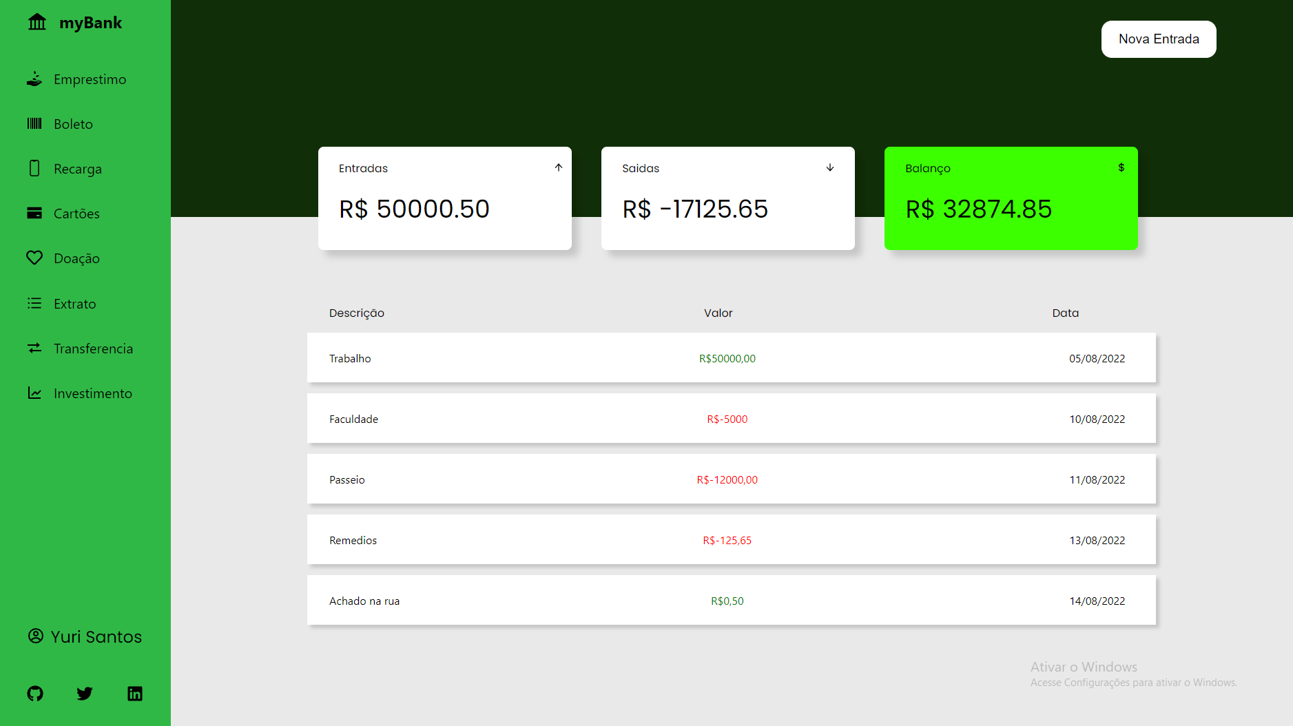 GitHub YuriSamp myBank Fintech Usando React