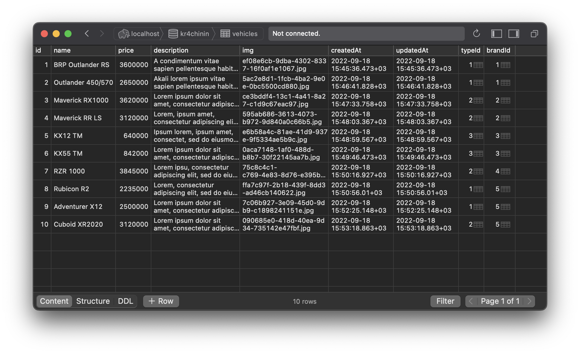 Postico Vehicle table
