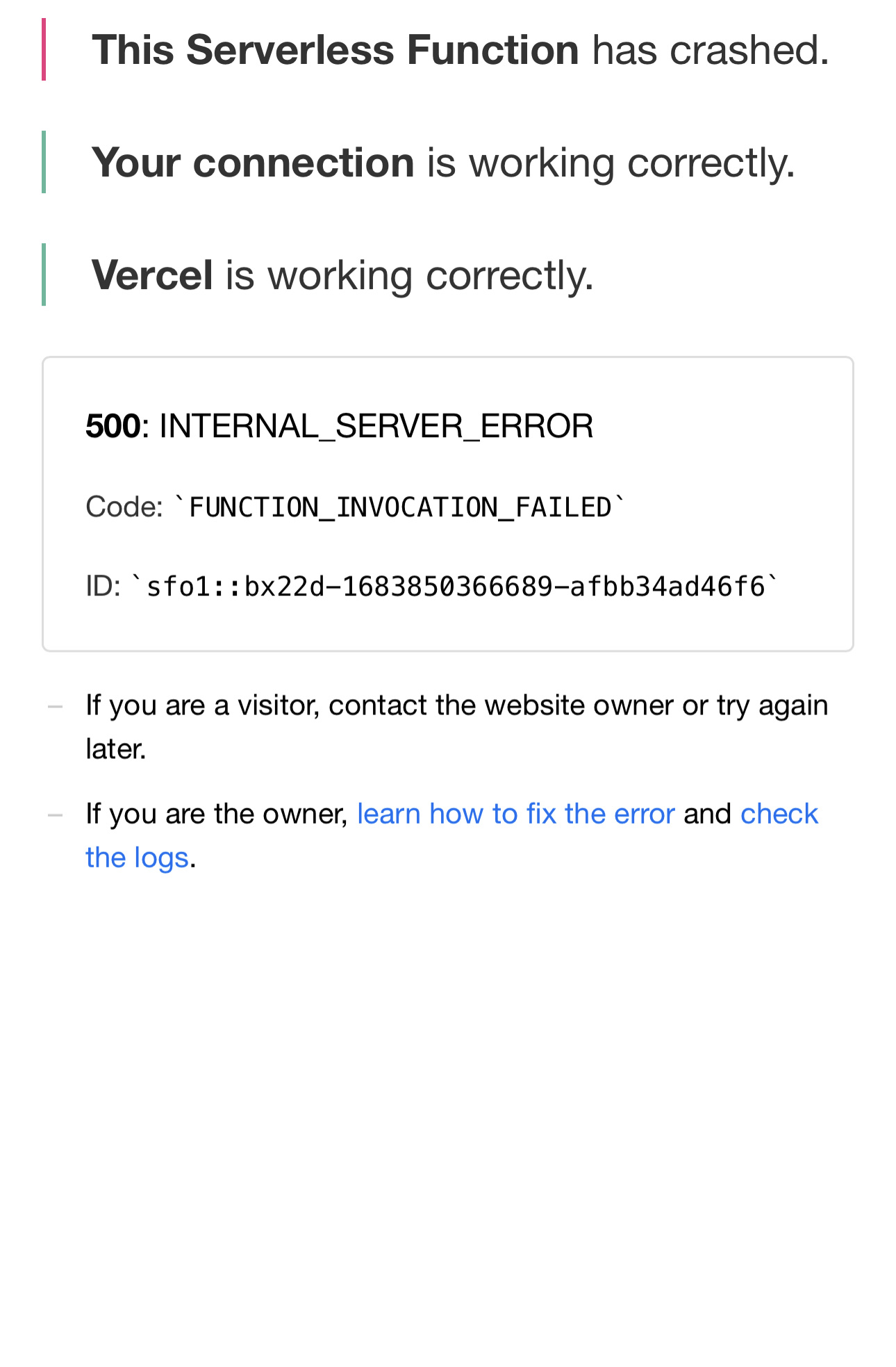Vercel deployment success but website shows 500 error issue 5
