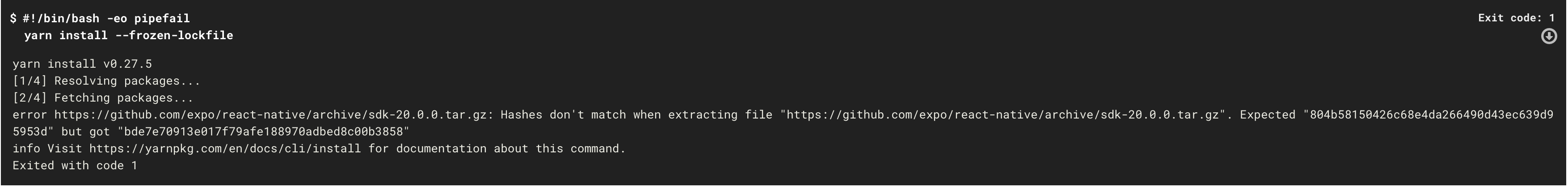 Mismatched expo/react-native hash when yarn installing · Issue #654 ...