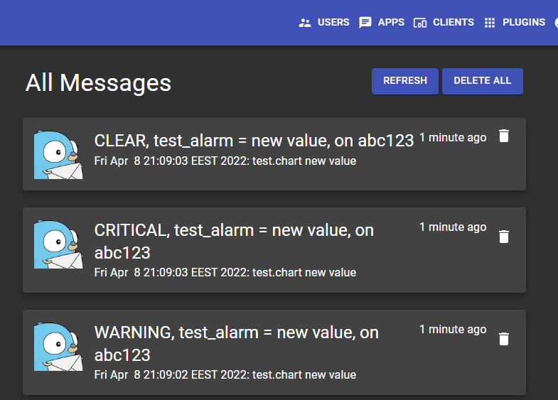 Example alarm notifications in Gotify