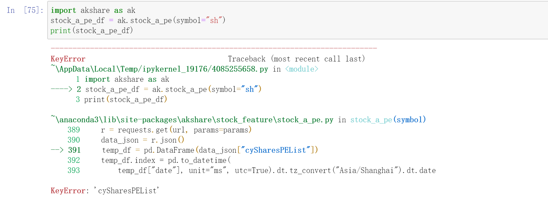 Ak. Share Python AKShare 接口问题报告 stock_a_pe_df = ak.stock_a_pe(symbol=