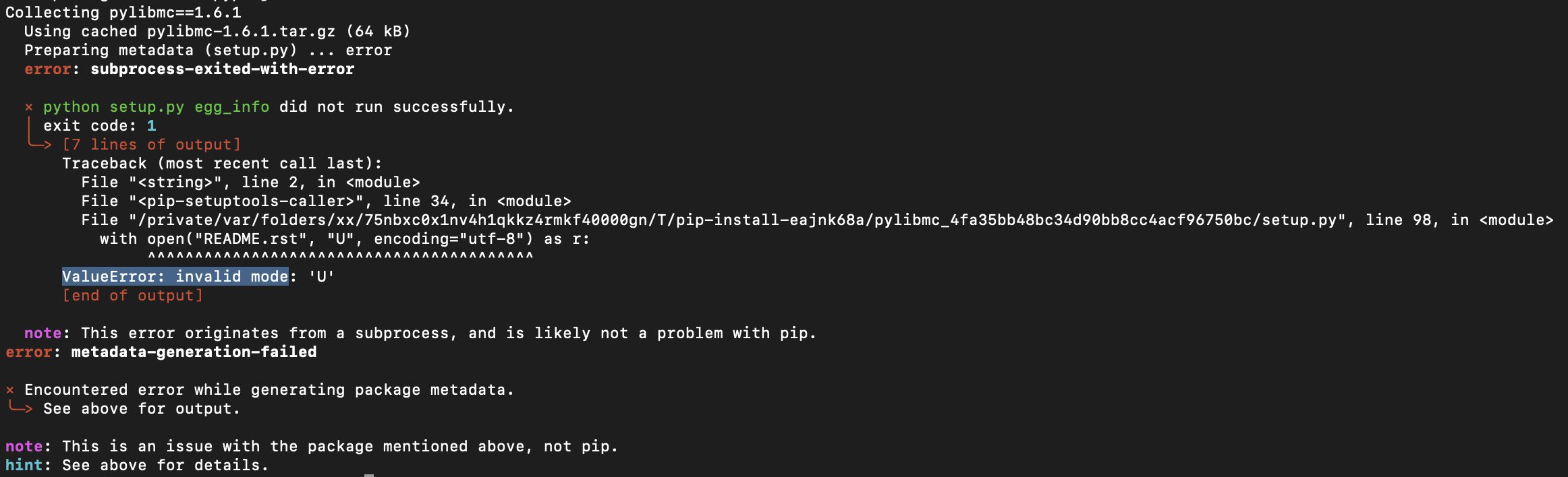 Installation problem valueerror invalid mode u issue 284