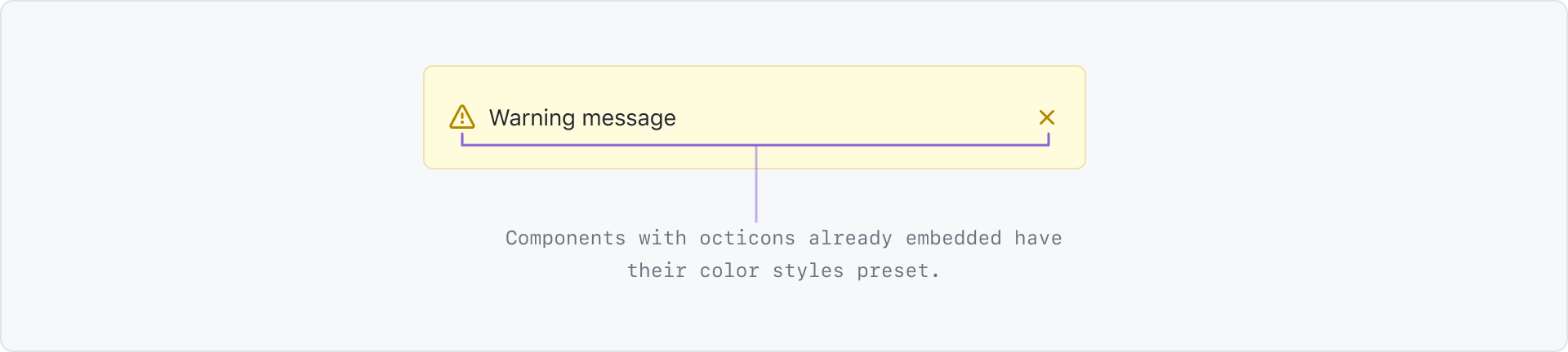 Components with octicons already embedded have their color styles preset. This is an example of a flash alert where the alert icon and close icon are preset to a dark yellow.