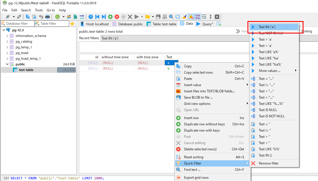 In the postgresql, when the quick filter is used for a column with