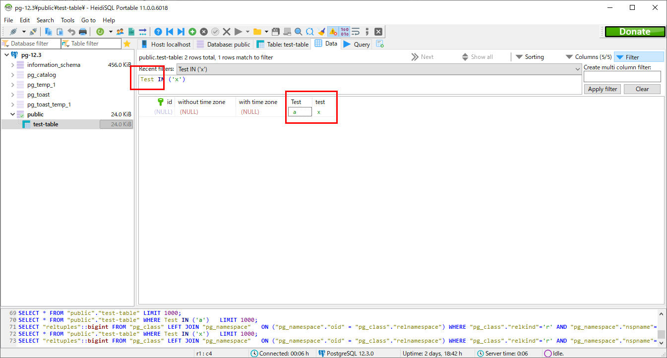 In the postgresql, when the quick filter is used for a column with