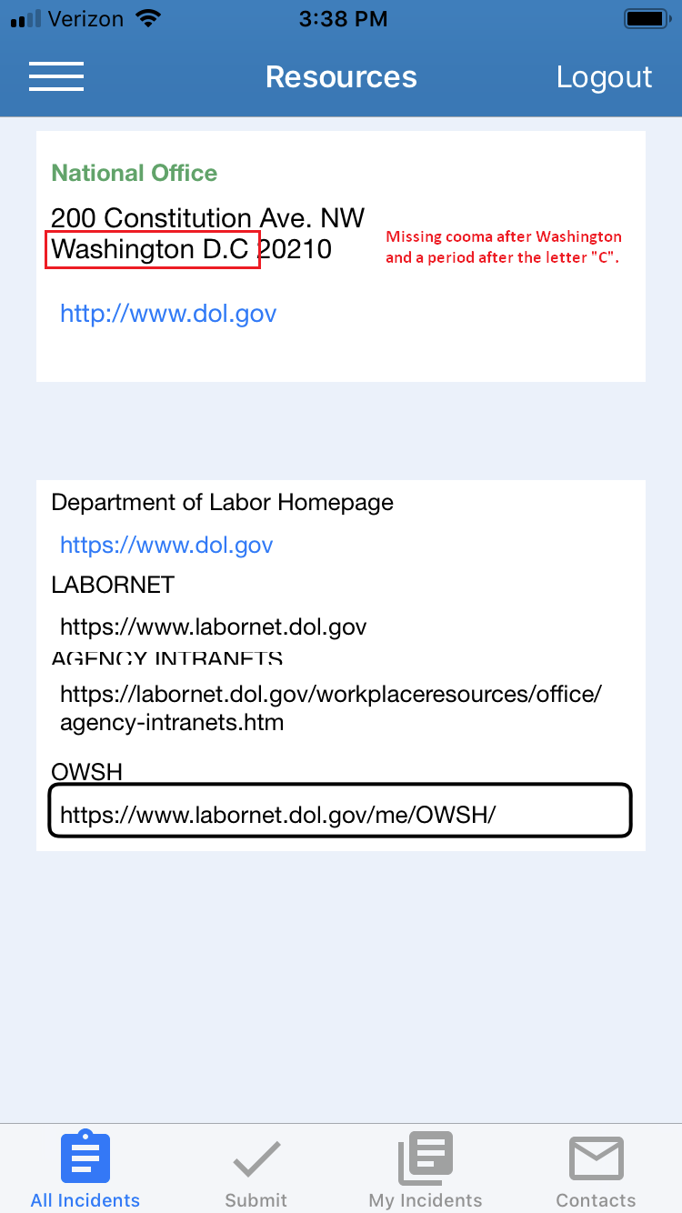 safetynet - resources screen - missing comma and period in address section of scren