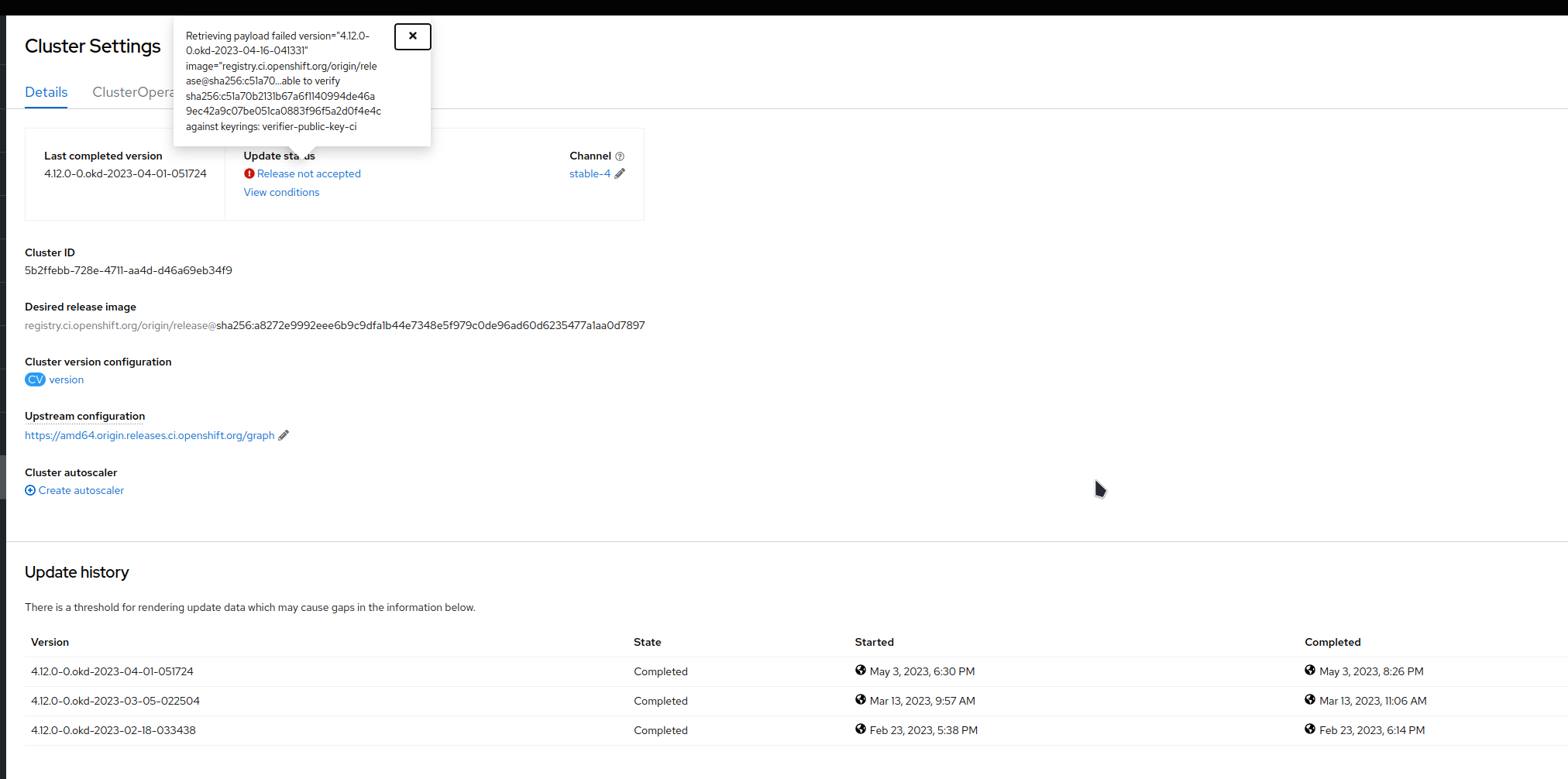 Release not accepted while upgrading to 4.12.0-0.okd-2023-04-16-041331 ...