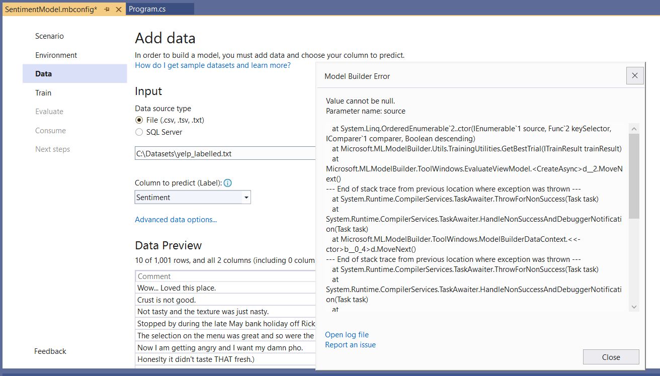 continue training - value cannot be null Error · Issue #1708 · dotnet ...
