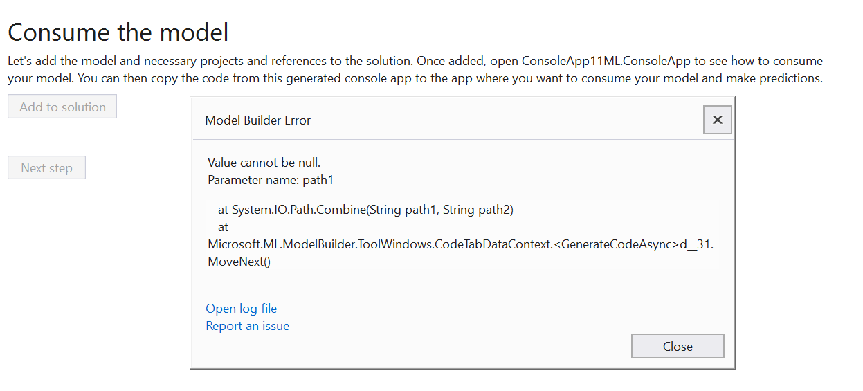 Not Able To Generate Code Issue 1035 Dotnet machinelearning modelbuilder GitHub