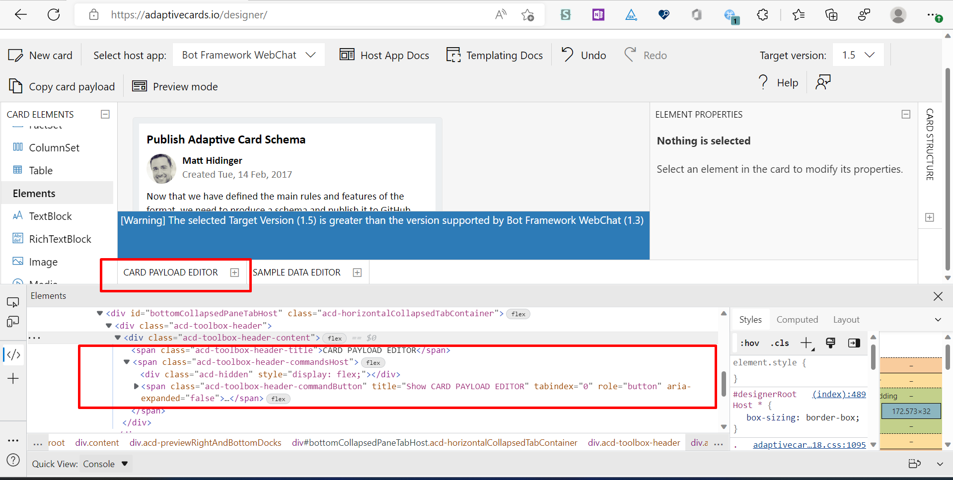 [Adaptive cards> Designer> Card Payload Editor]: Name is not defined ...