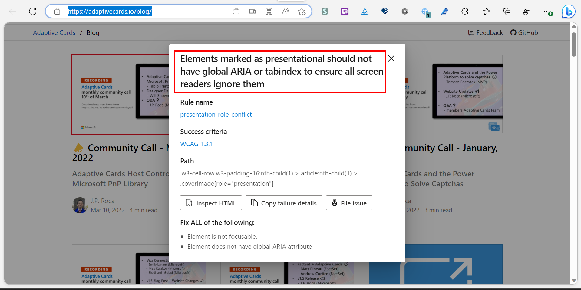 [Adaptive Card] Elements marked as presentational should not have