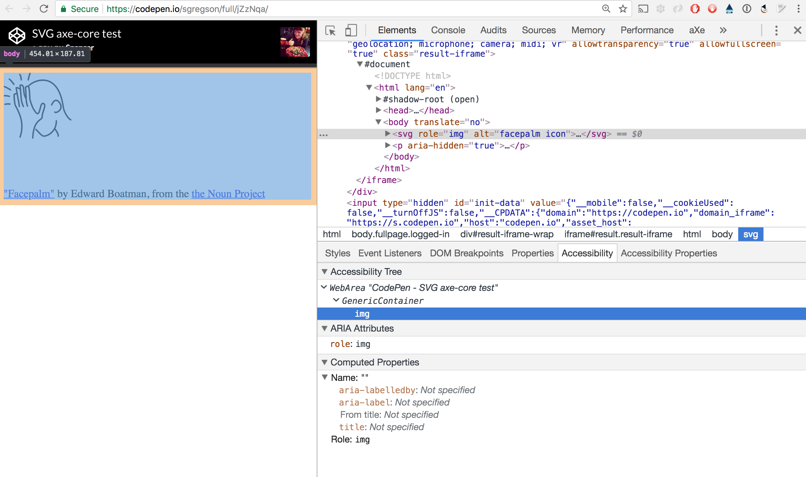 Codepen inspected in Chrome accessibility inspector