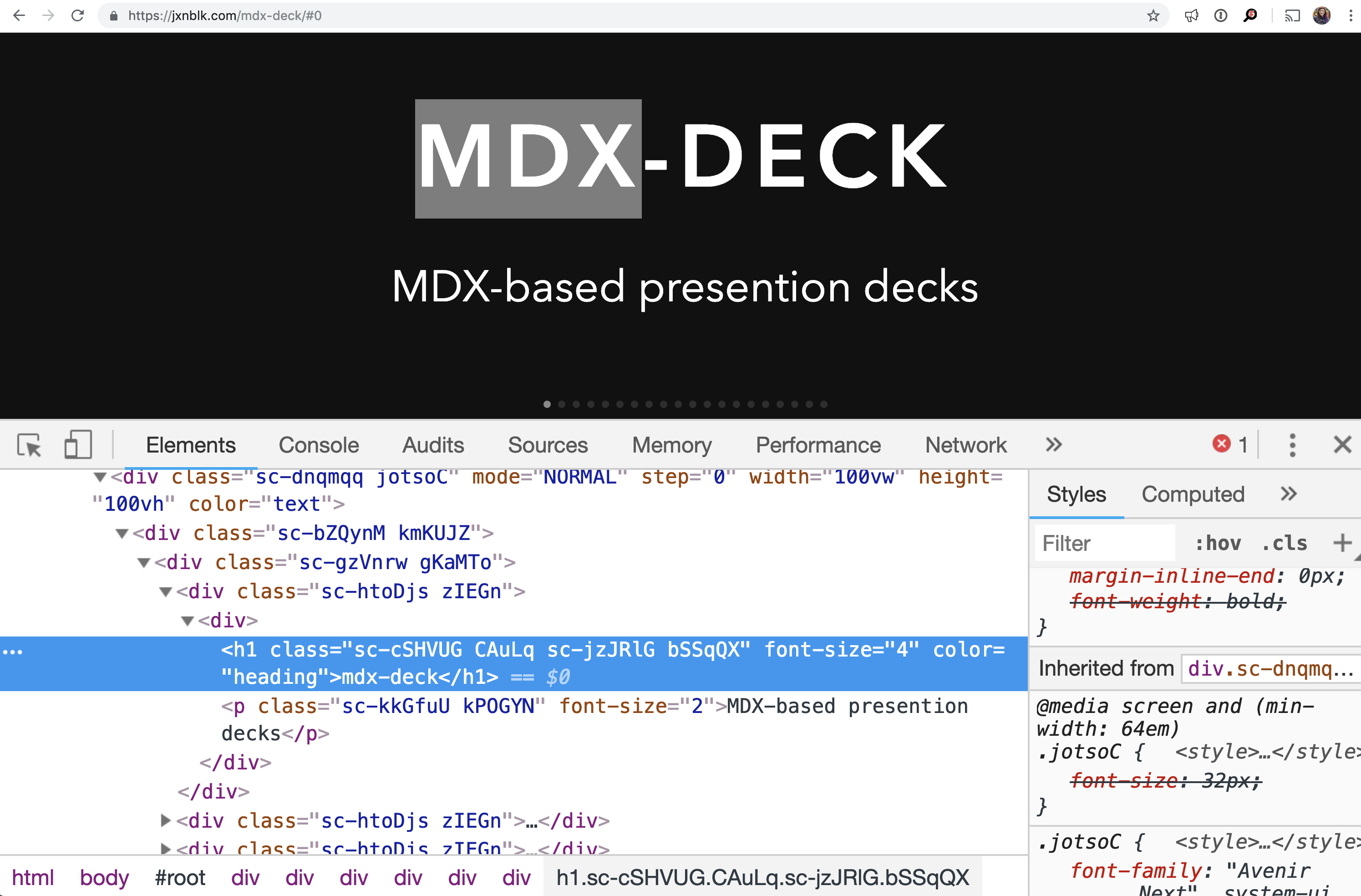MDX deck inspected in Chrome devtools