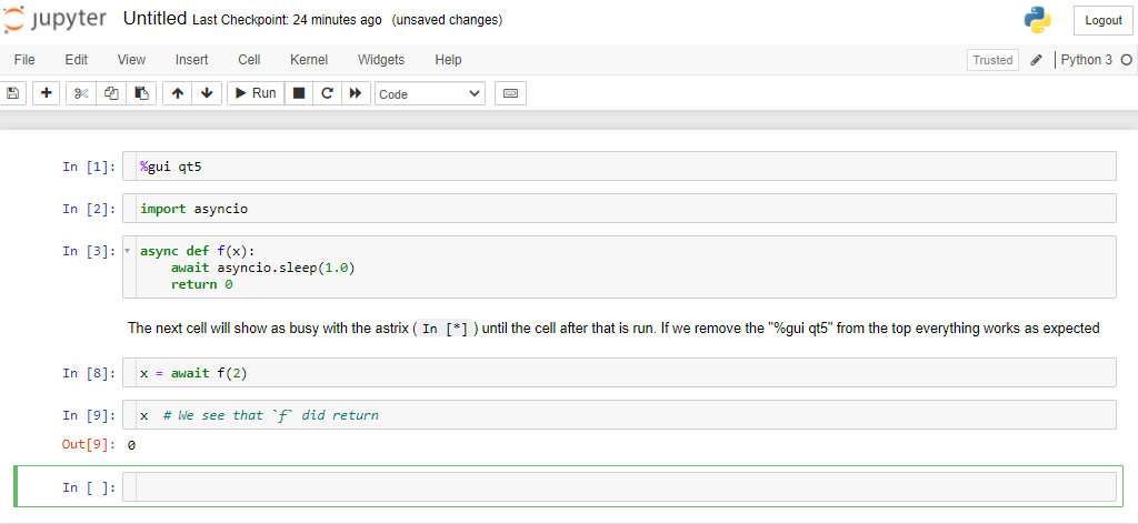 Using `%gui qt` and calling an async function shows cells as busy even ...