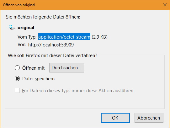 Attachment type "application/json" doesn't get passed to browser ...