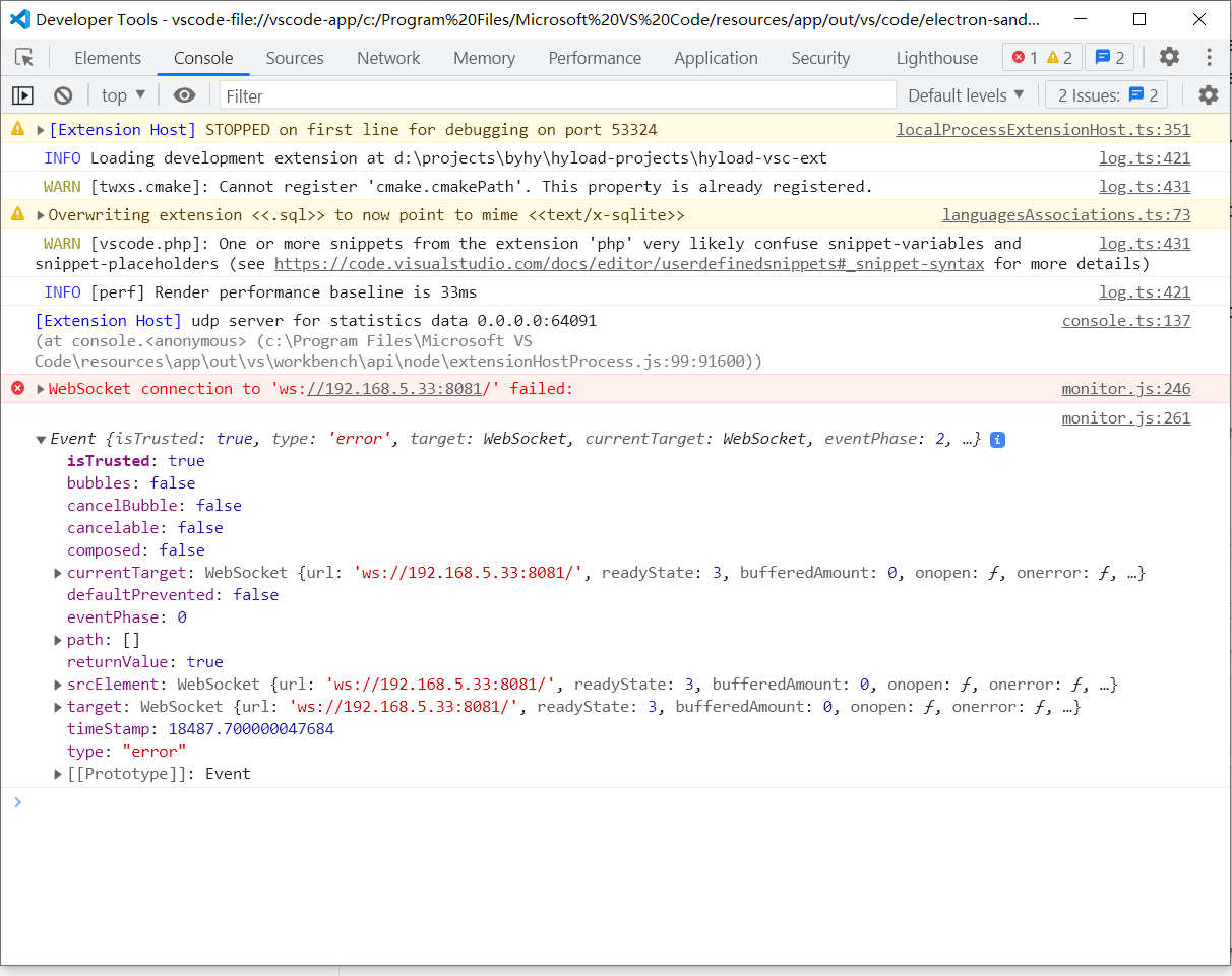 Vscode extension could not websocket connect to remote websocket server