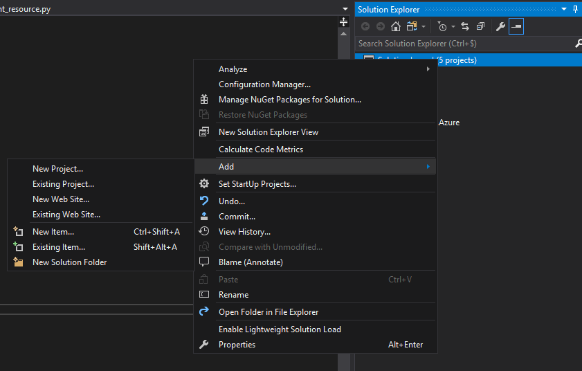 "Add new project" in a solution and chose "From Existing Python code ...