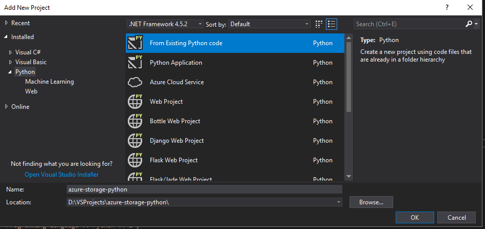 "Add new project" in a solution and chose "From Existing Python code ...