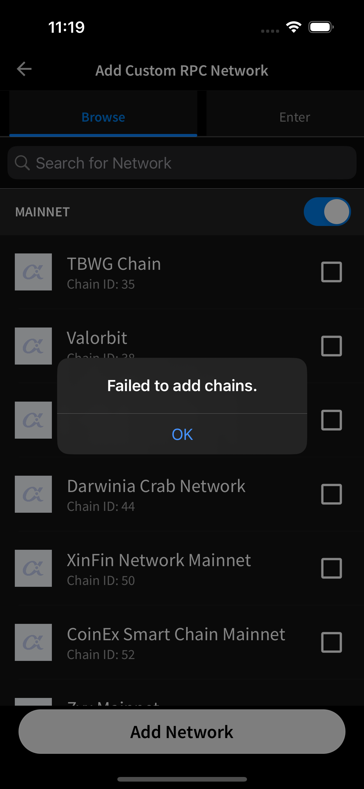 Rename to failed to add one or more chains