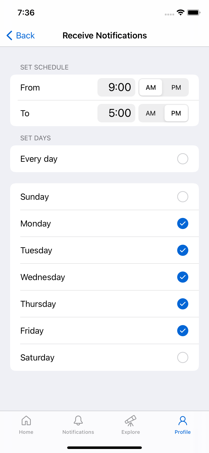 Screenshot of push notification schedule settings for GitHub for iOS