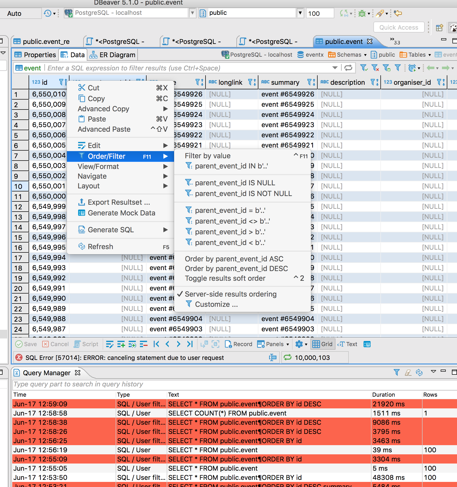 Postgres: Server side 'limit' not applied when ordering by columns in ...