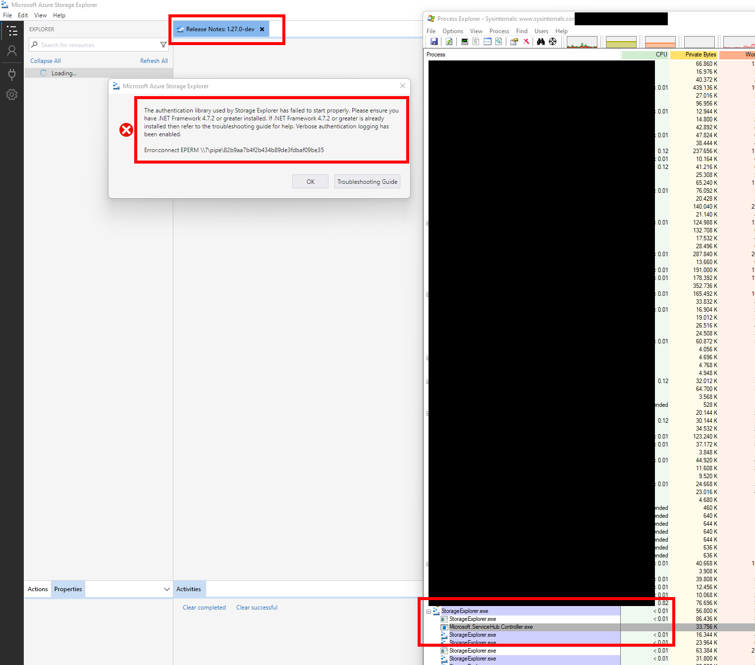Authentication library used by Storage Explorer has failed to start